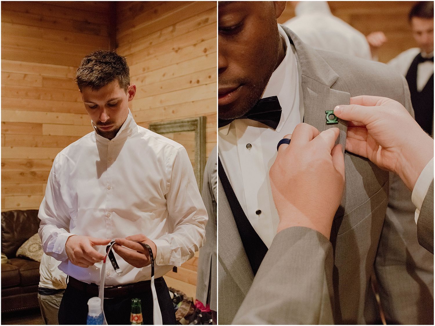 Groomsmen helping each other with formal attire preparations before wedding.
