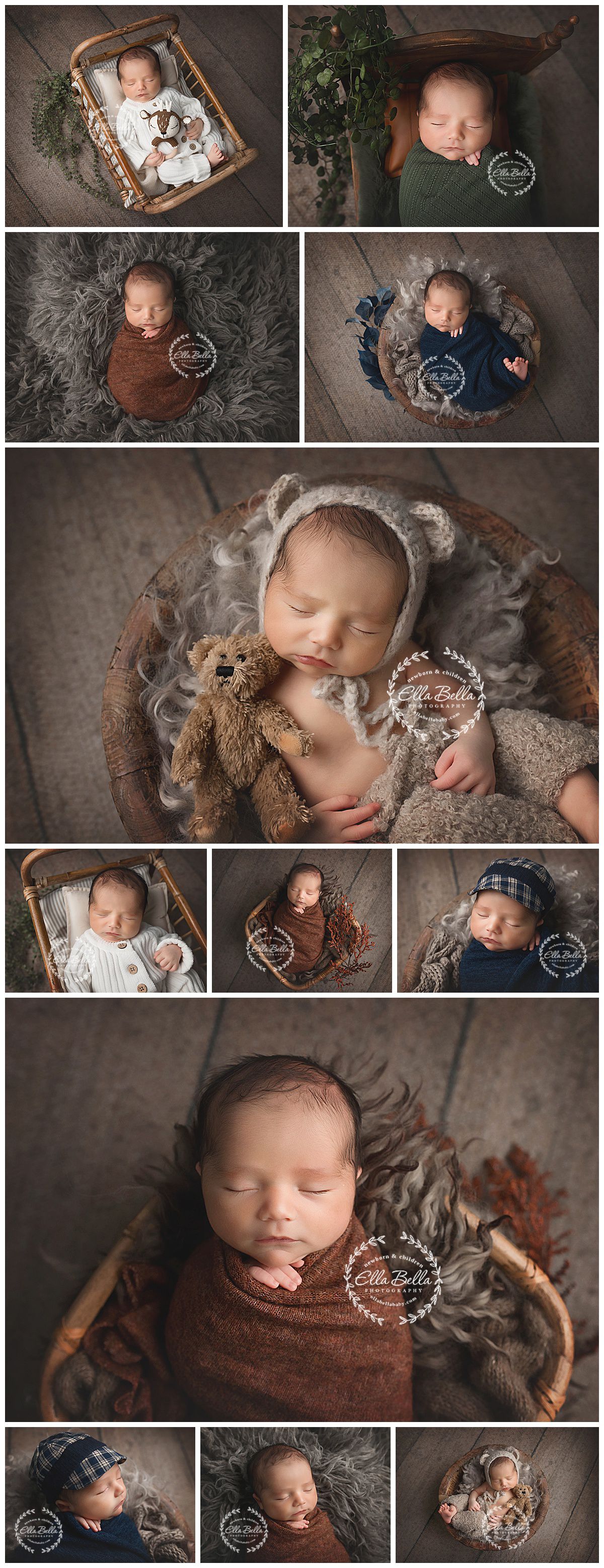 A collection of professional newborn photography portraits showing peaceful sleeping poses with soft textures and props.