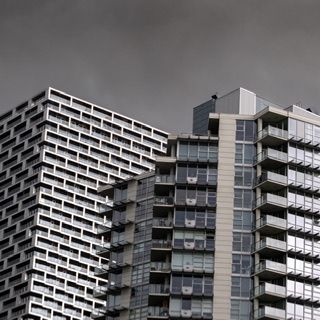 Modern apartment tower photographed from below, urban architecture, Downtown Vancouver