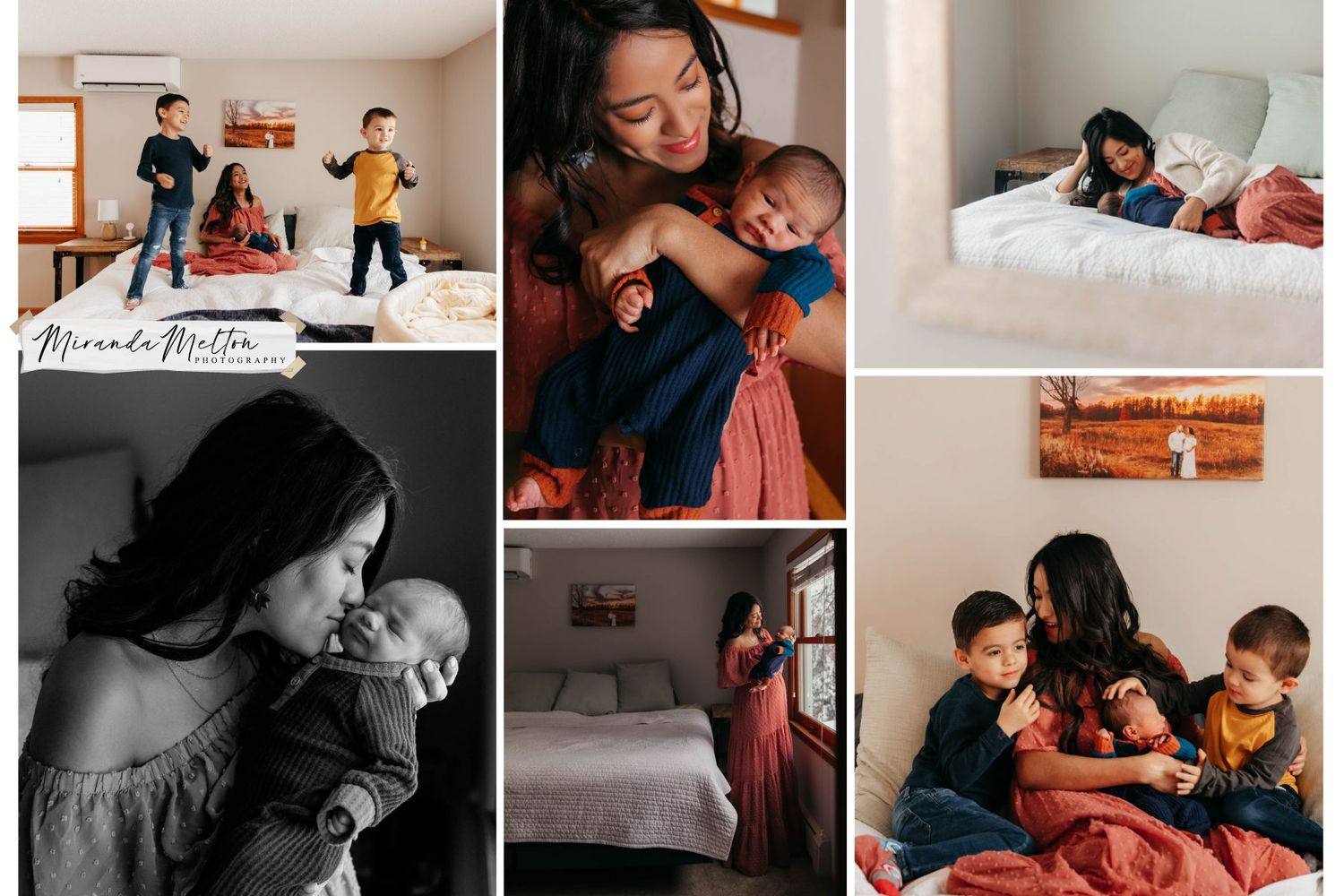 Collage of photos of a mother with her newborn baby and two preschool-aged sons