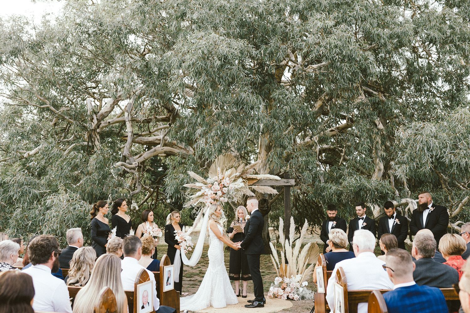 Outdoor wedding ceremony setup with white chairs and dried floral arch under willow trees.
