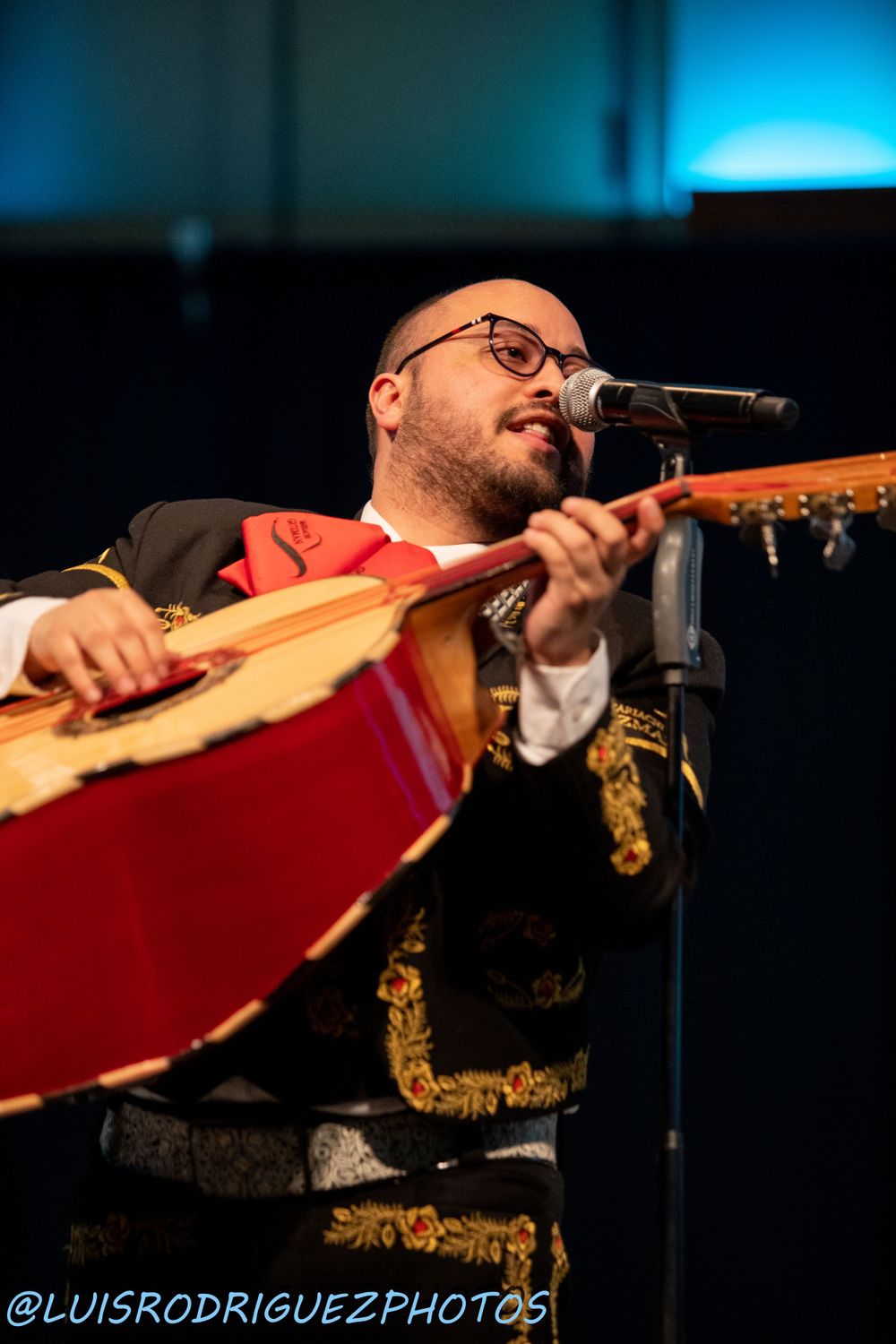 A musician plays a traditional stringed instrument while singing on stage.