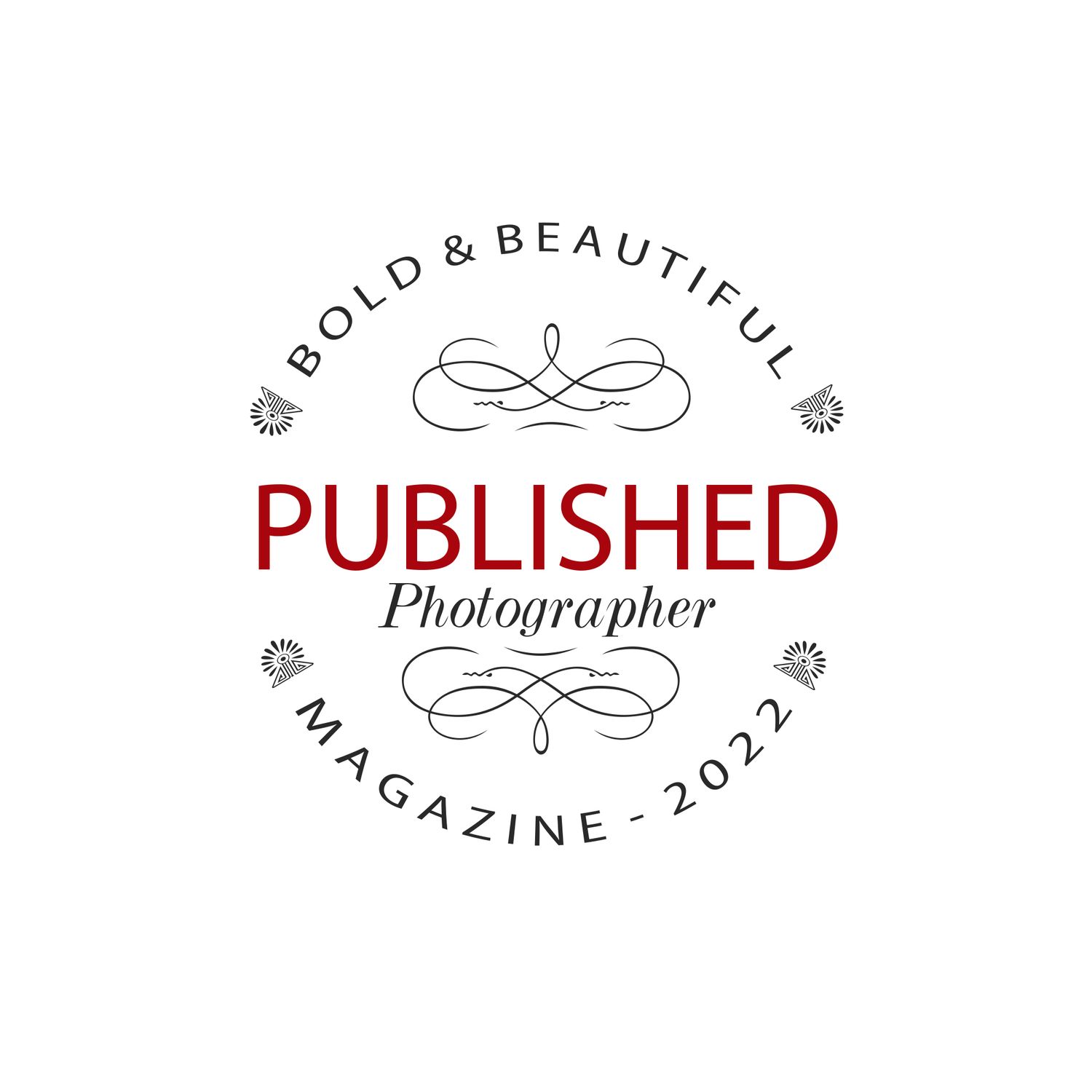 Circular logo design for Bold & Beautiful Published Photographer Magazine 2021 with decorative flourishes.