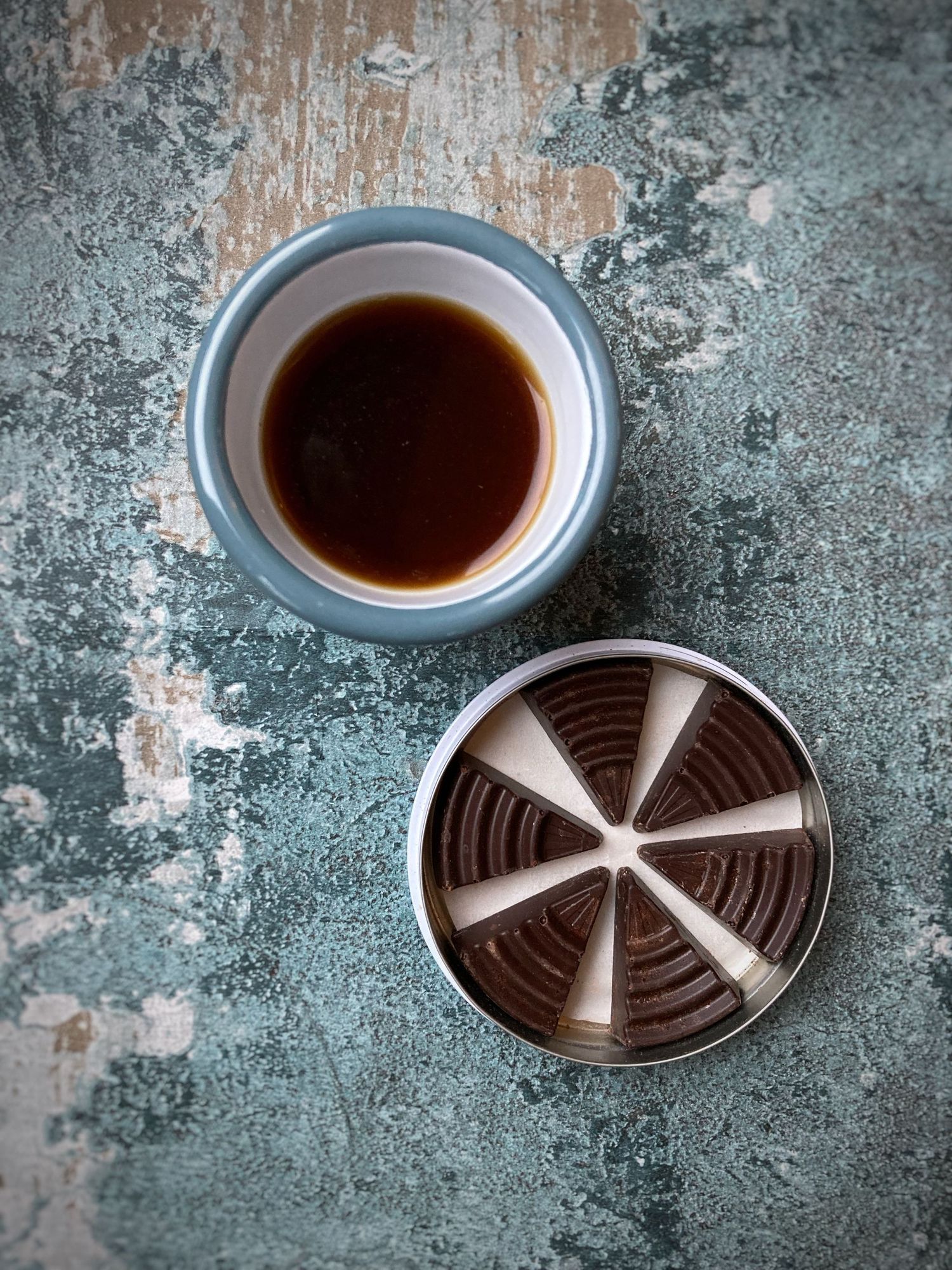 top view of coffee and chocolates