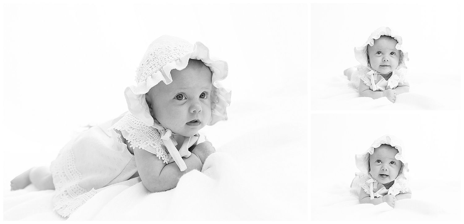 black and white, baby in bonnet, girl, ribbon, cake smash photo session chattanooga, cakesmash photographer, birthday