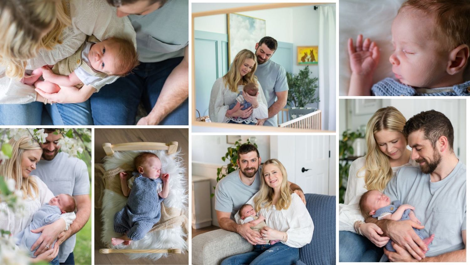 Lifestyle newborn photo collage featuring intimate family moments in bright indoor settings.