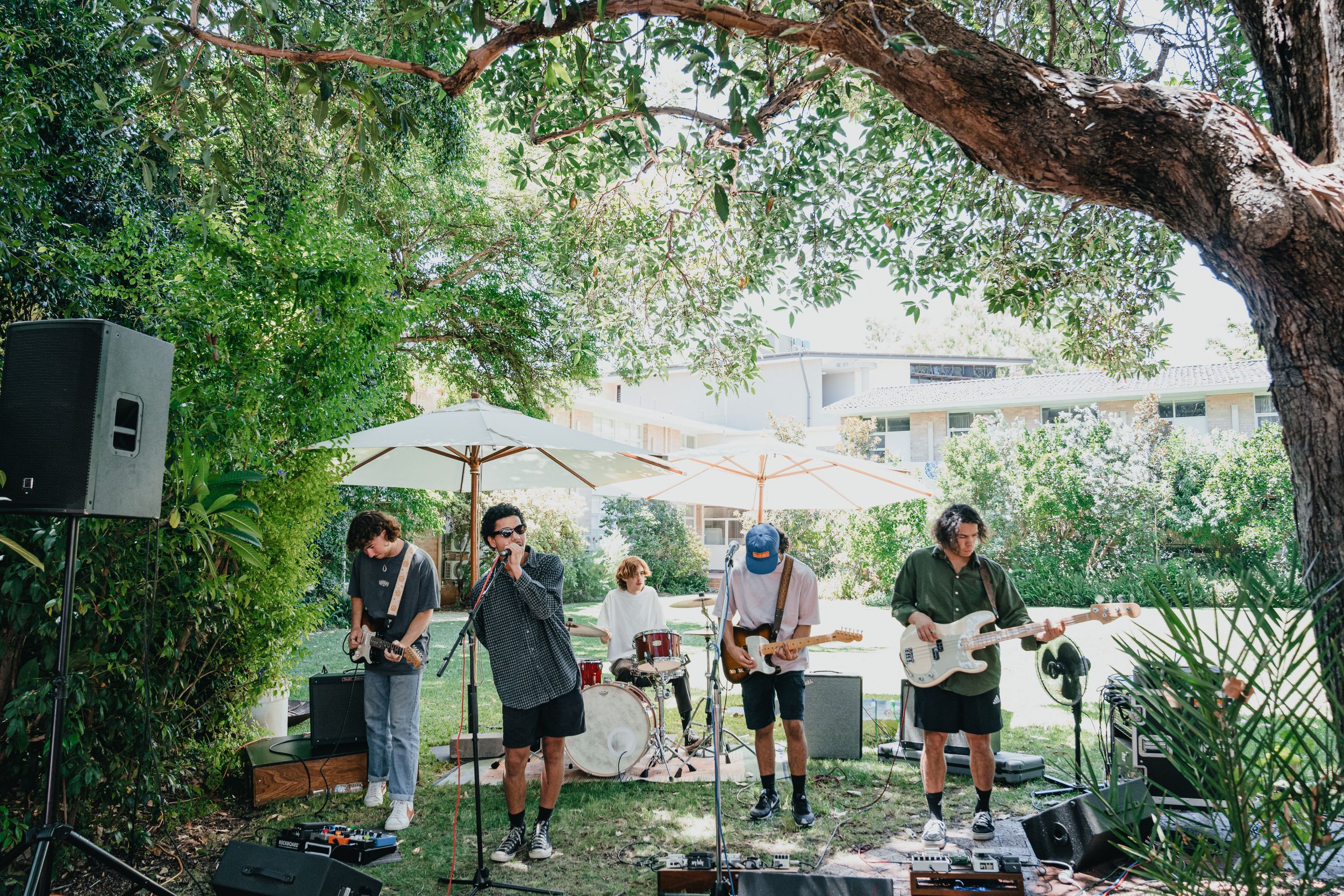 4 men outdoor singing performance greenery atmosphere chill