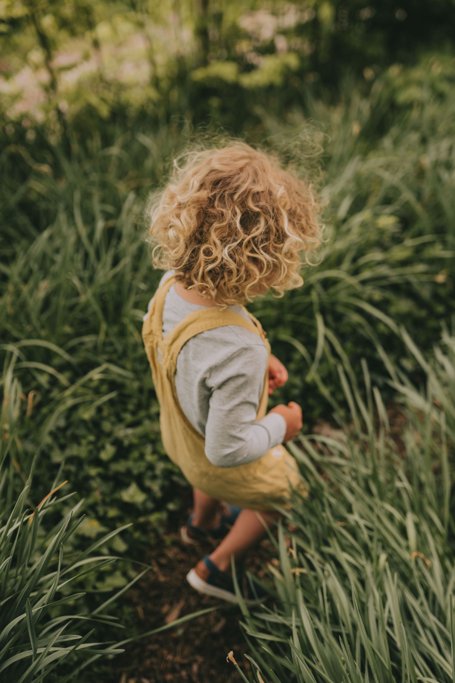 A curly-haired toddler wearing a yellow overalls explores tall grass in a natural outdoor setting.