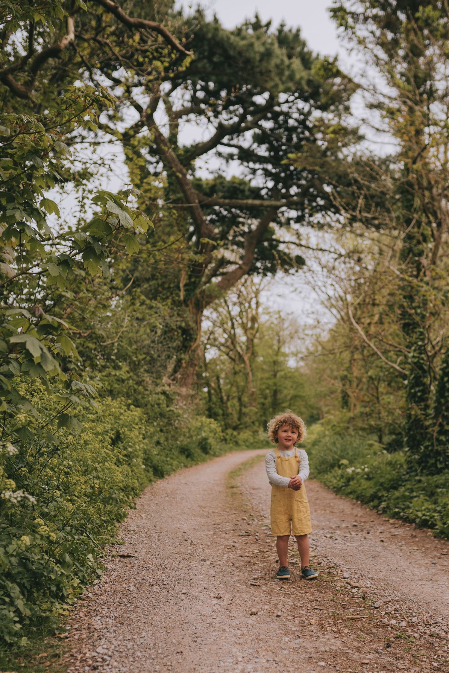A small child in yellow overalls standing alone on a tree-lined dirt path.