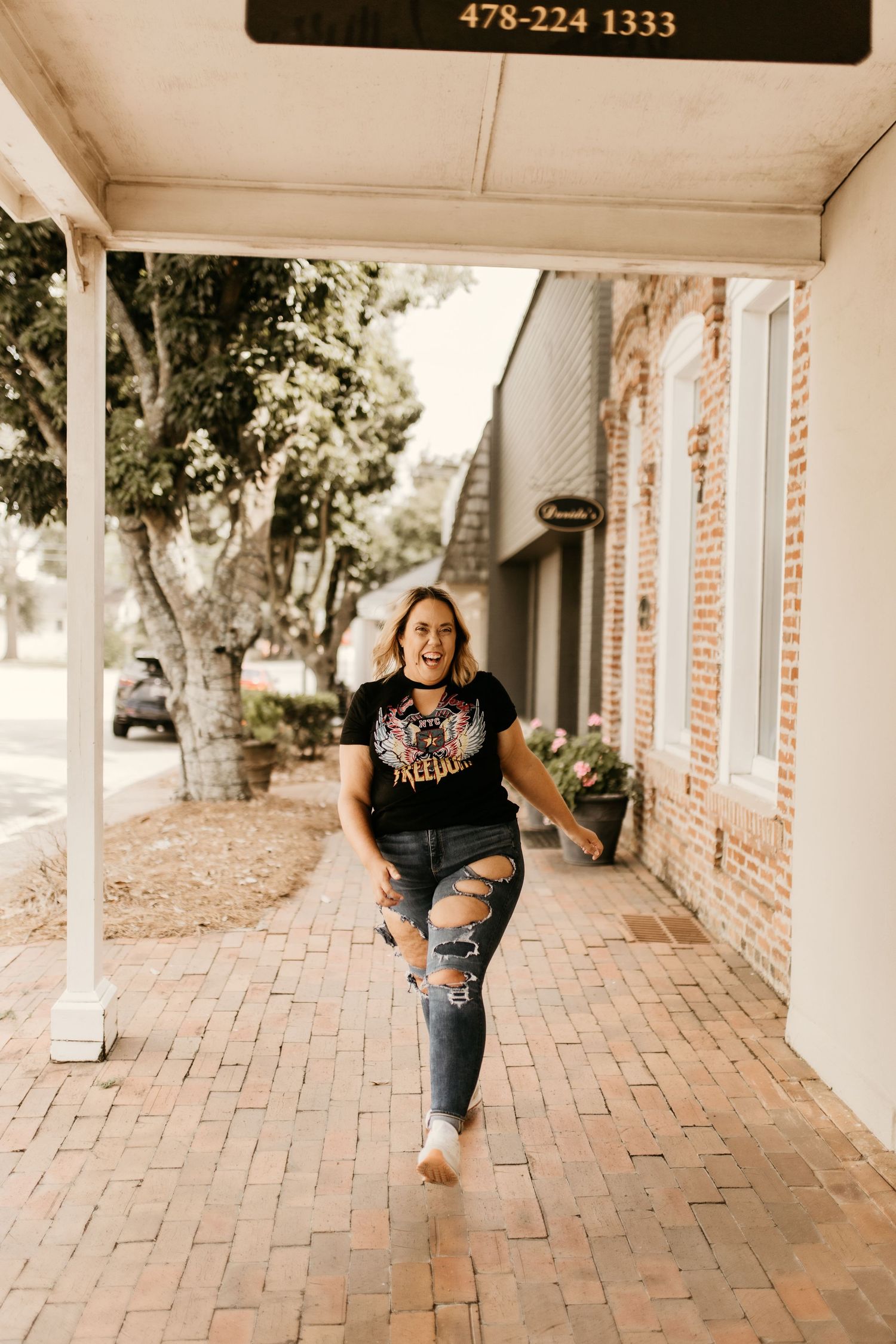 Energetic photo sequence showing movement and joy along a brick-lined storefront.