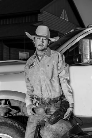 A black and white portrait series showcasing western style clothing and cowboy attire.