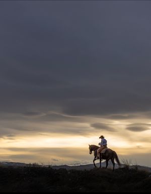 Silhouette of horseback rider against dramatic sunset sky with clouds.