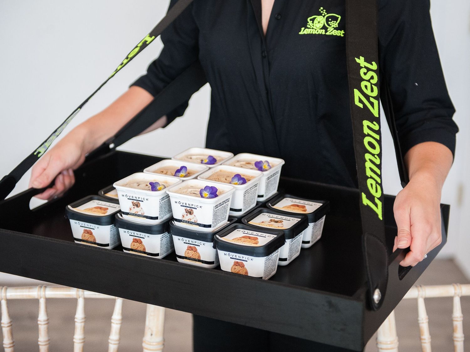 Reportage detail shot of ice cream tray used for wedding reception