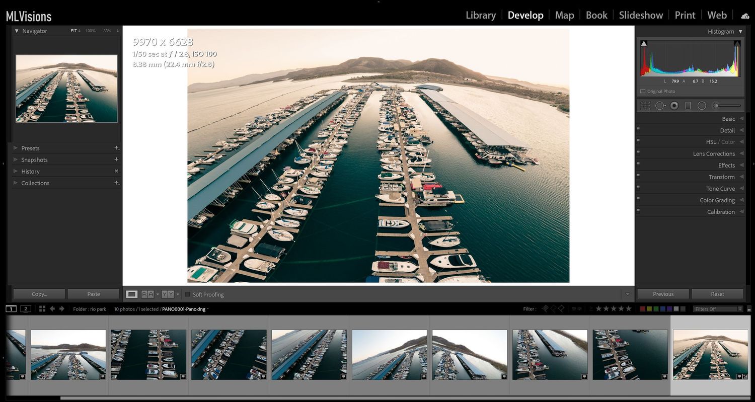 Lightroom editing interface showing marina photos in filmstrip view.