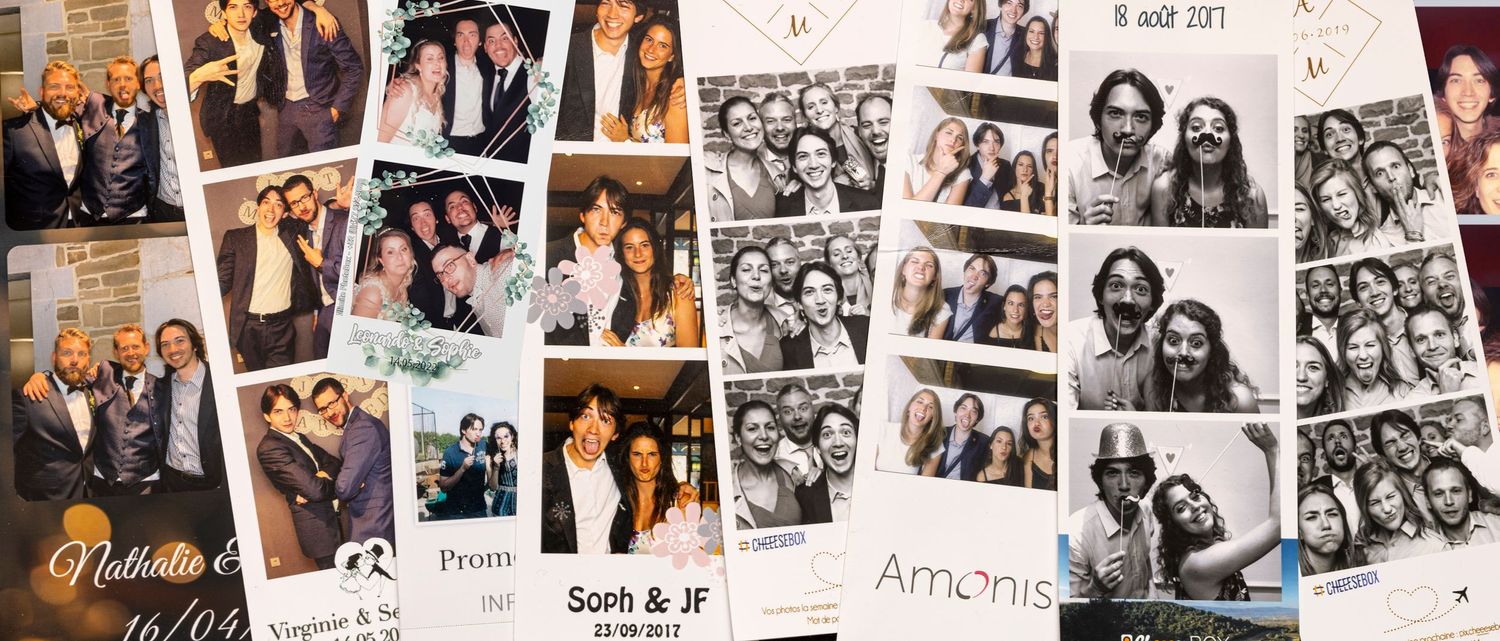 Collection of vintage-style photo booth strips and polaroid pictures arranged in a collage.
