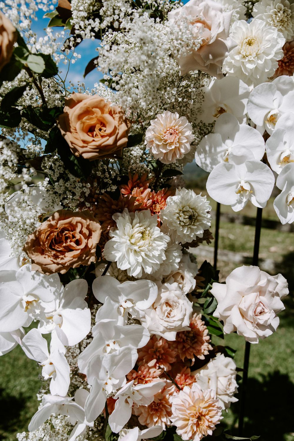 Elegant floral arrangement featuring peach roses, white orchids, and baby's breath against a sunny outdoor backdrop.