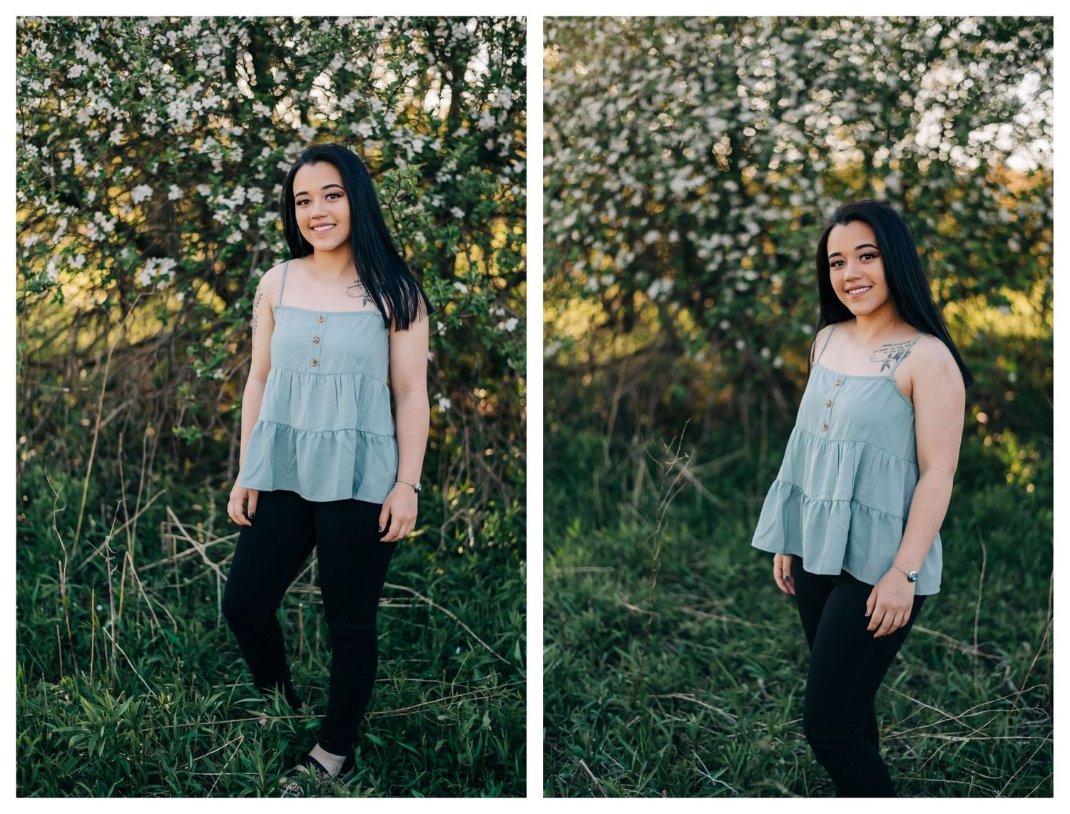 collage of high school senior standing in front of a blossoming apple tree