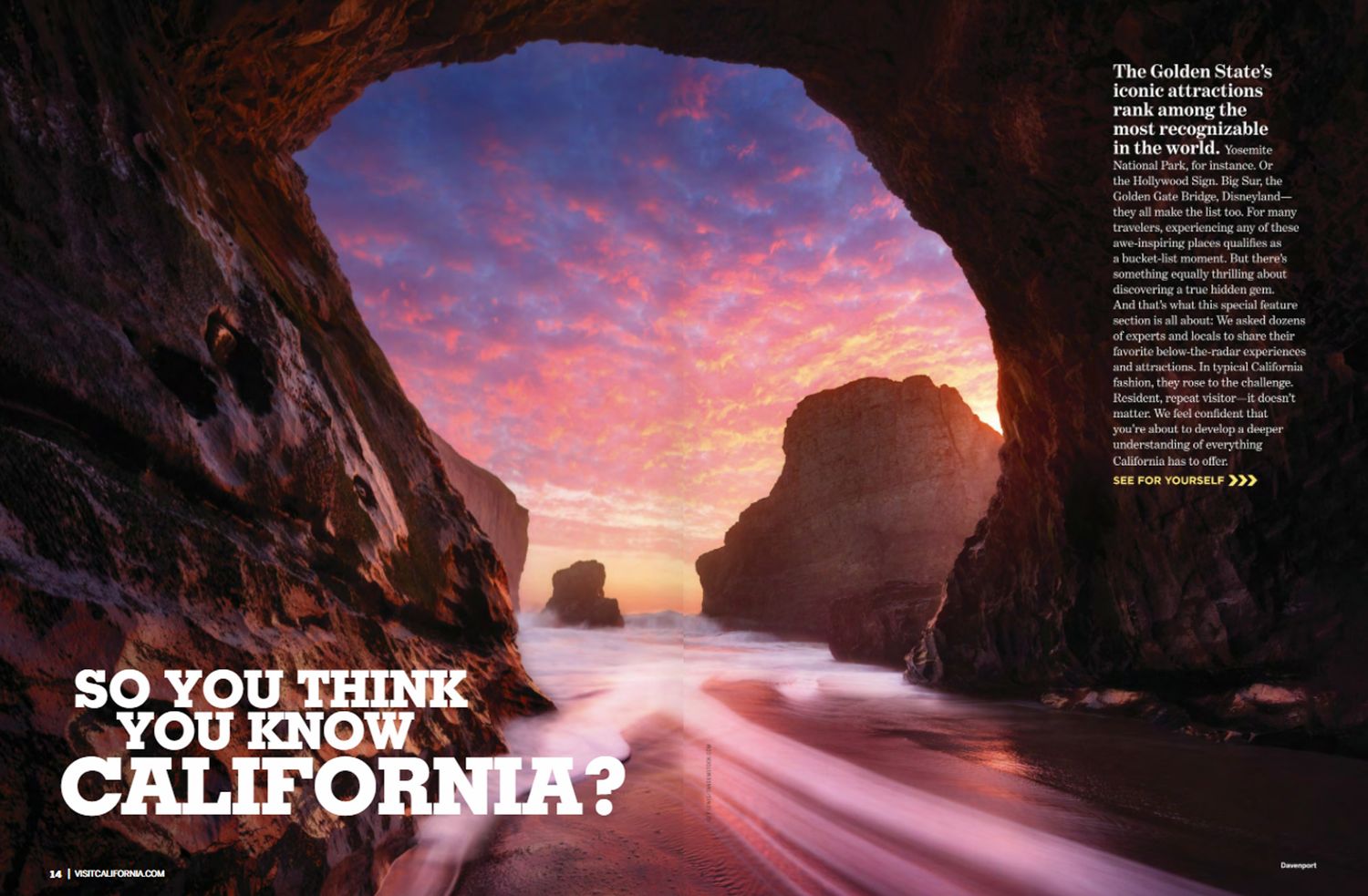 A dramatic sunset view through a rocky sea cave arch with pink clouds and crashing waves on a California beach.