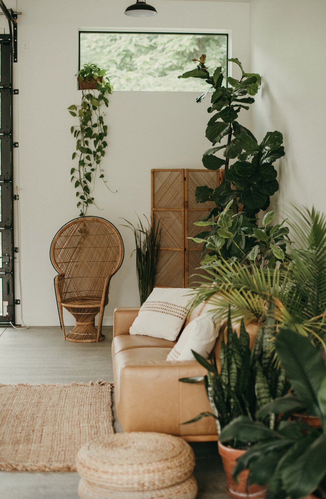 Boho-styled living space with peacock chair, plants, and natural decor elements.