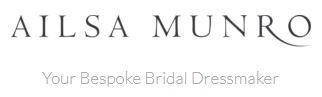 Minimalist logo design shows elegant text 'AILSA MUNRO Your Bespoke Bridal Dressmaker' in black serif font.