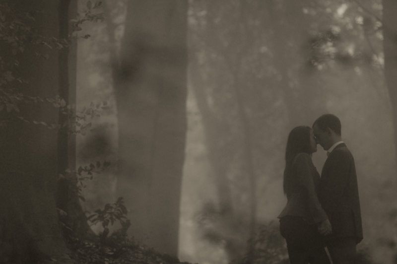 Romantic couple embraces in misty forest with soft dreamy lighting.
