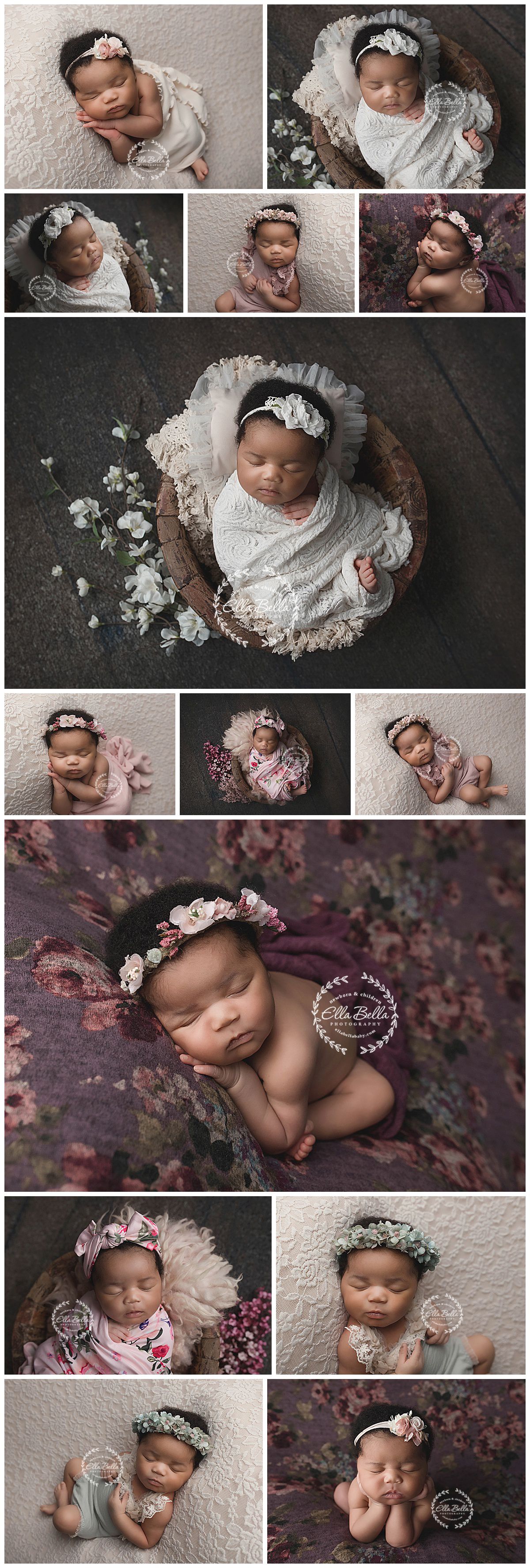 Collection of artistic newborn portraits with lace, flowers and vintage styling elements.
