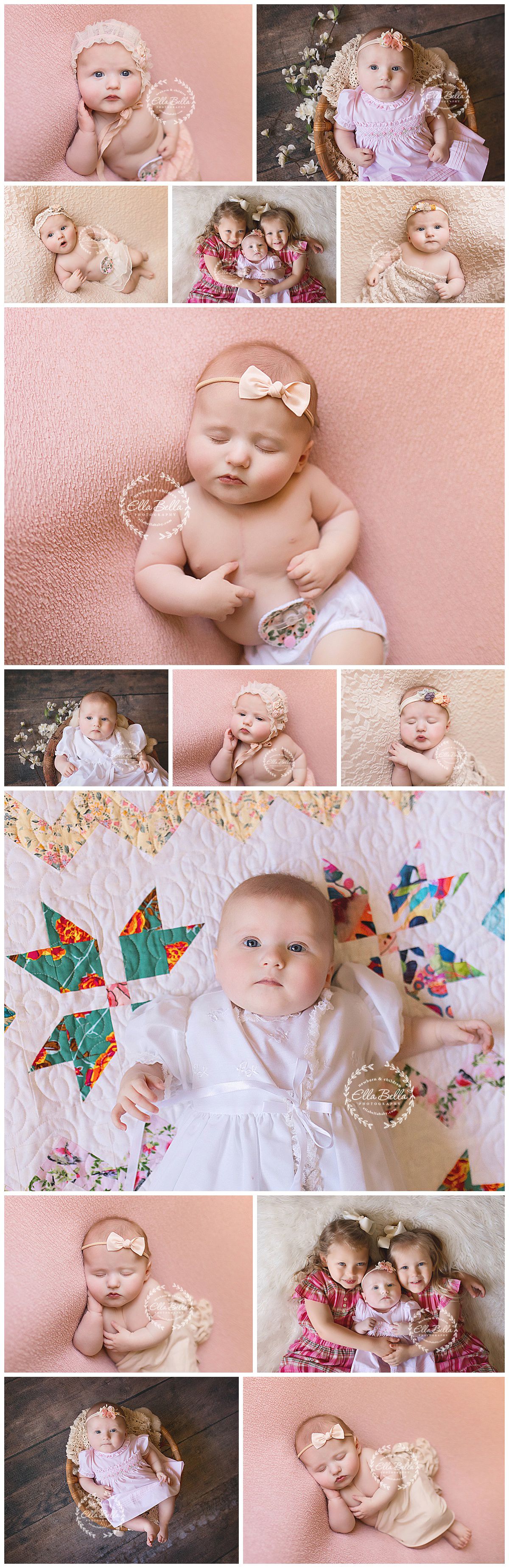 Baby girl milestone portraits in soft pink tones with delicate headbands and floral accents.
