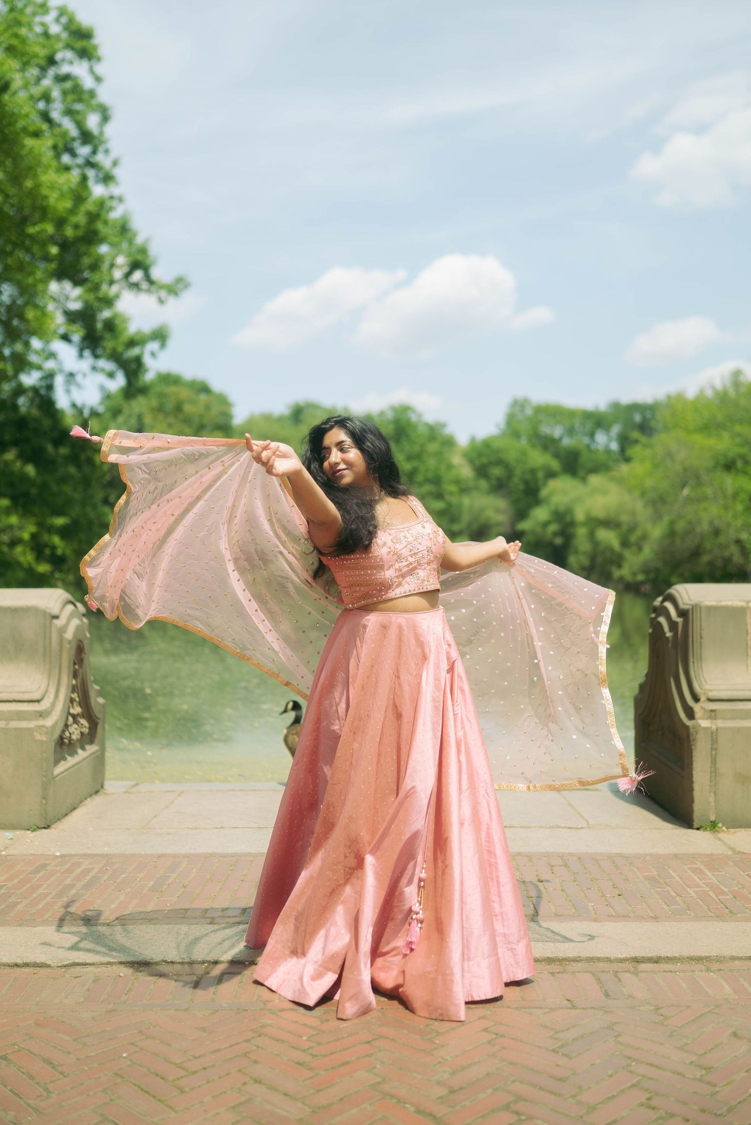 A flowing pink gown twirls gracefully against a scenic backdrop of trees and water.