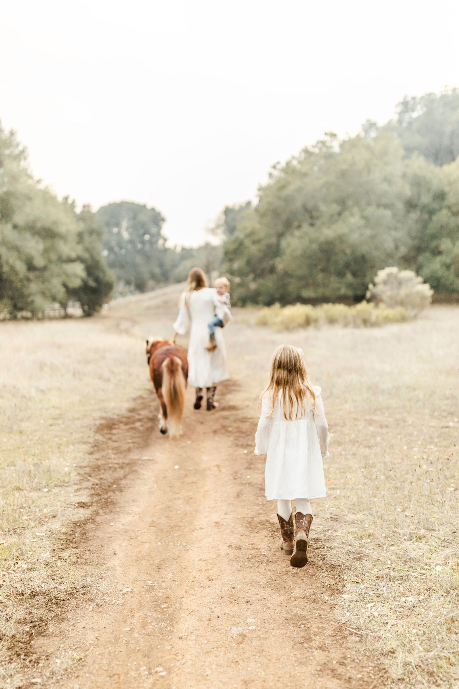 Three figures and a pony walk down a sunlit dirt path in white dresses in Morgan Hill by Chelsee Rawe Photography