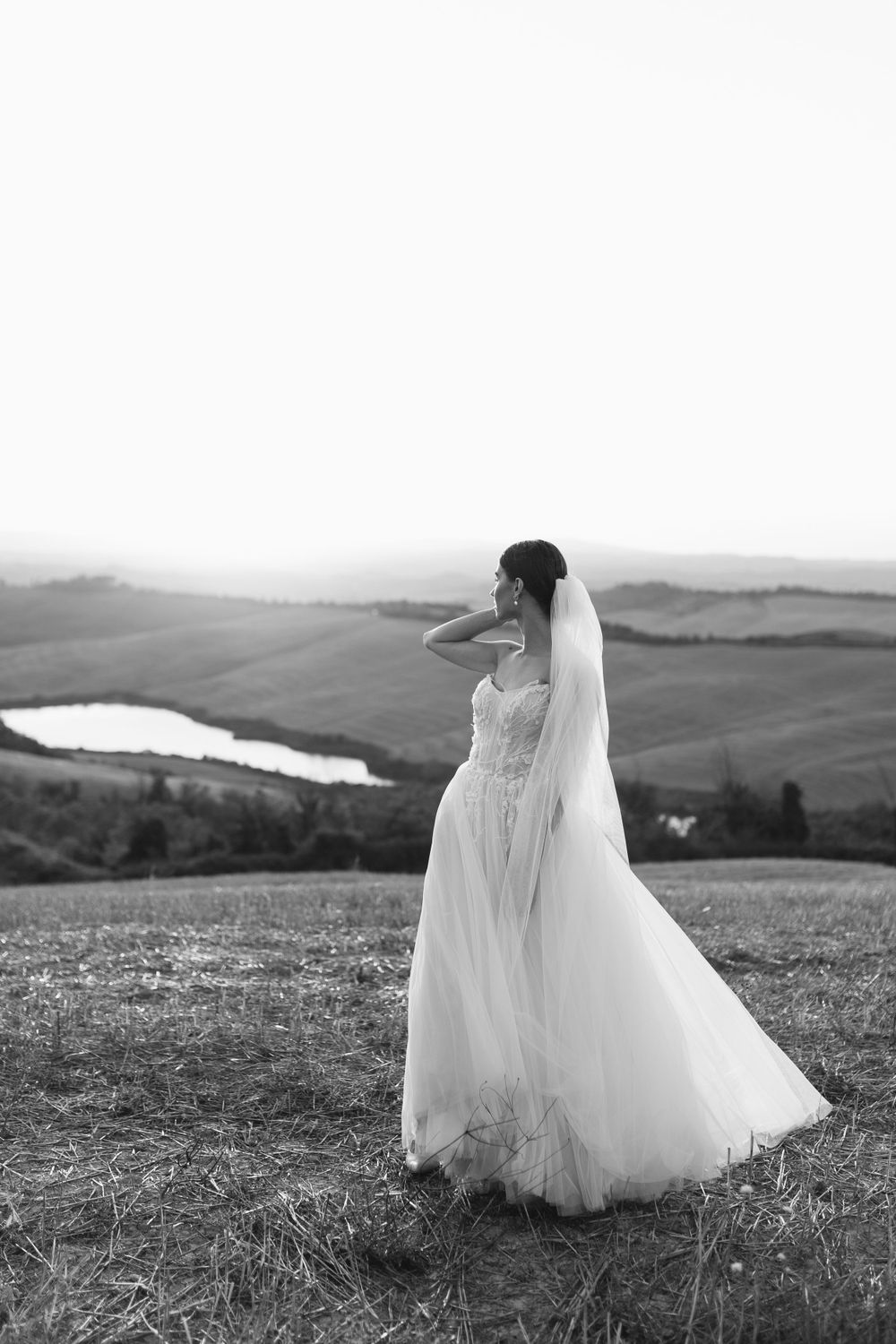 Black and white portrait of bride in flowing gown overlooking scenic valley landscape.