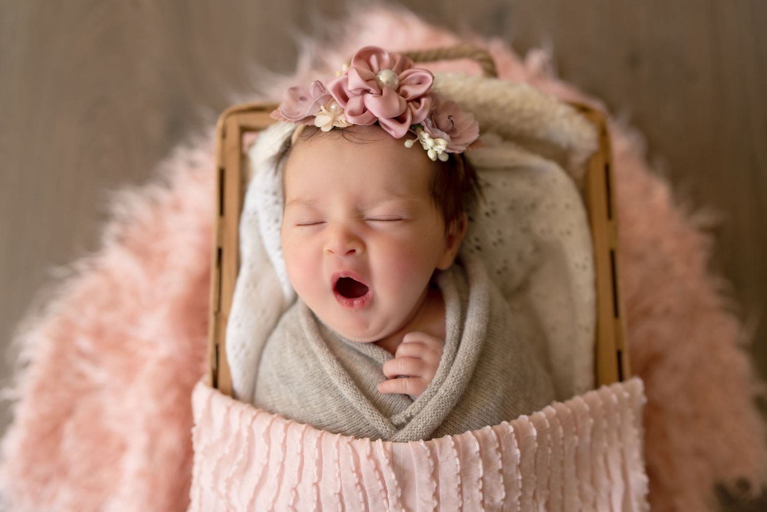 Newborn photography session with soft pink and vintage props.