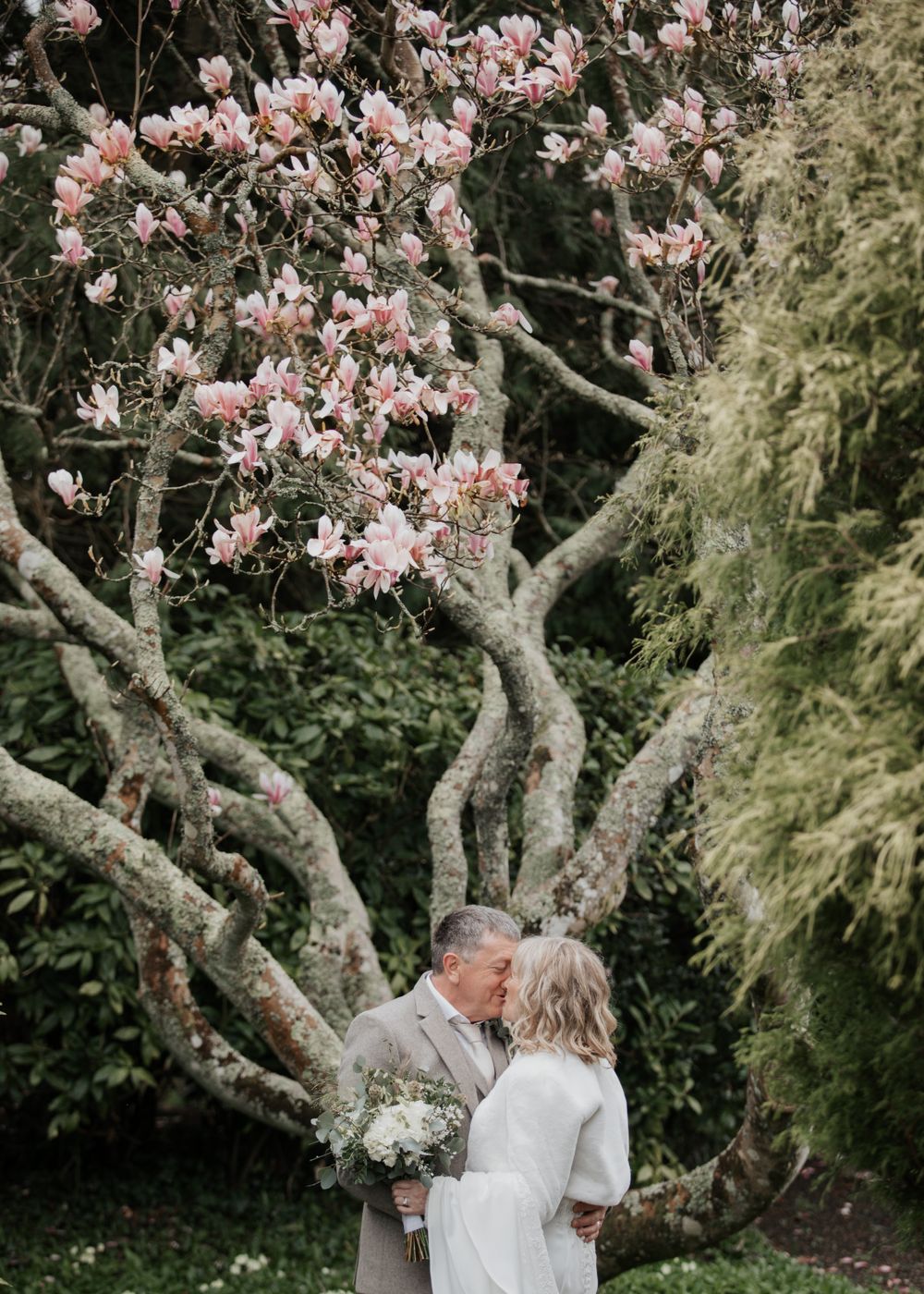 Bride and Groom stand under magnolia tree in St Elizabeth's House Plympton