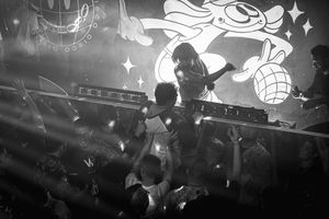 Concert crowd with silhouettes against artistic projections and lighting effects.