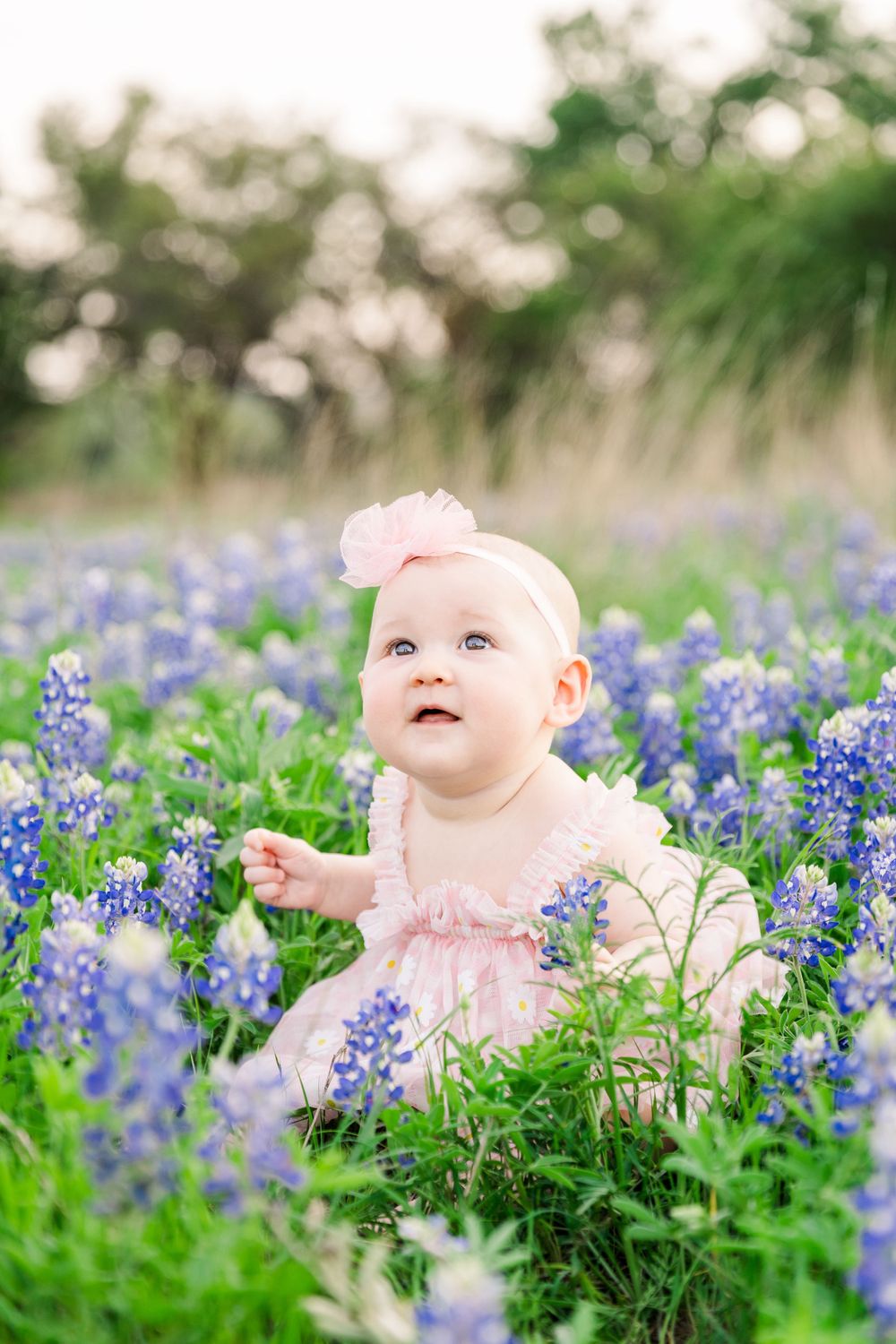 baby girl in pink dress sitting in field of bluebonnet flowers