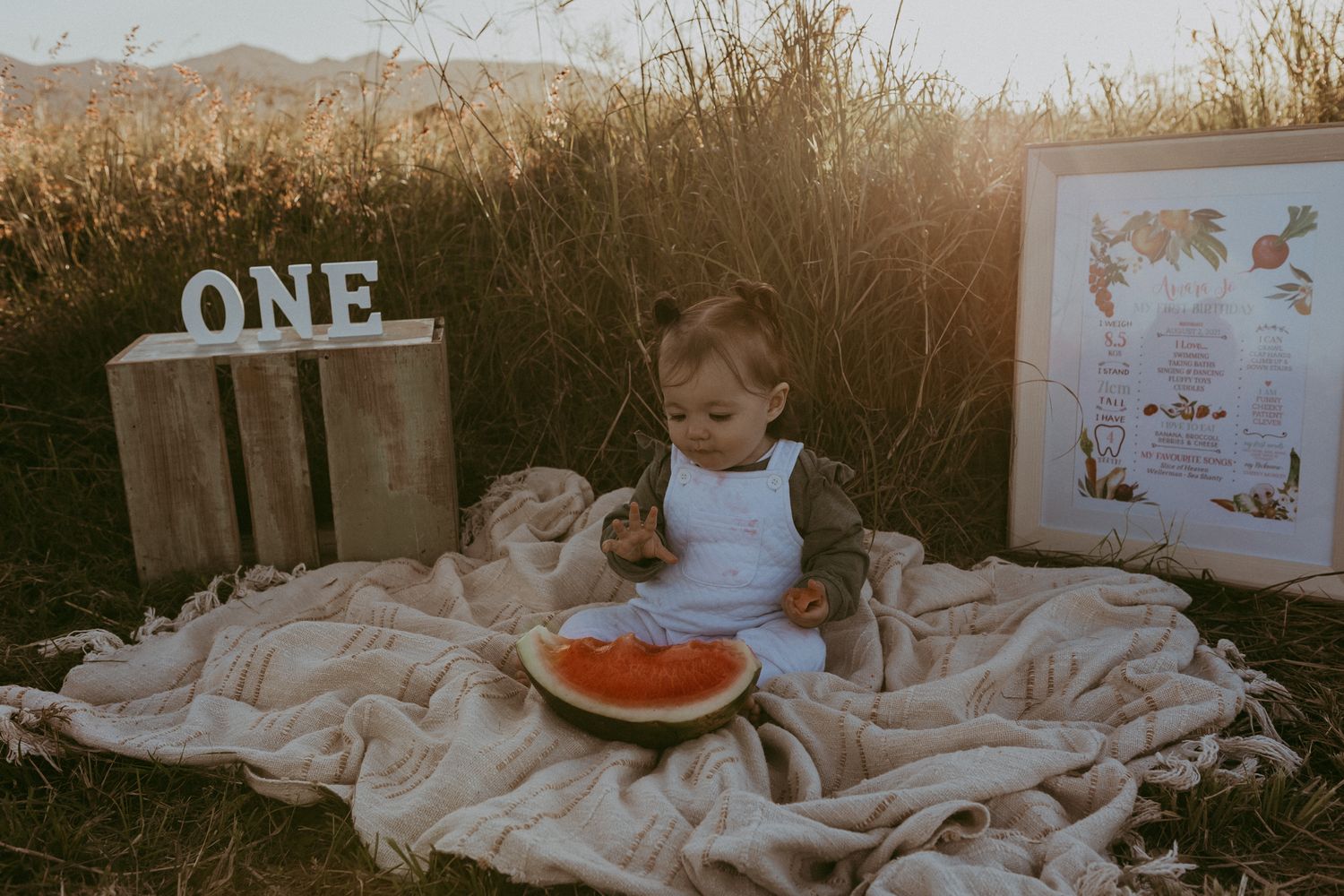 Baby's first birthday outdoor photo session with watermelon and ONE sign at golden sunset.