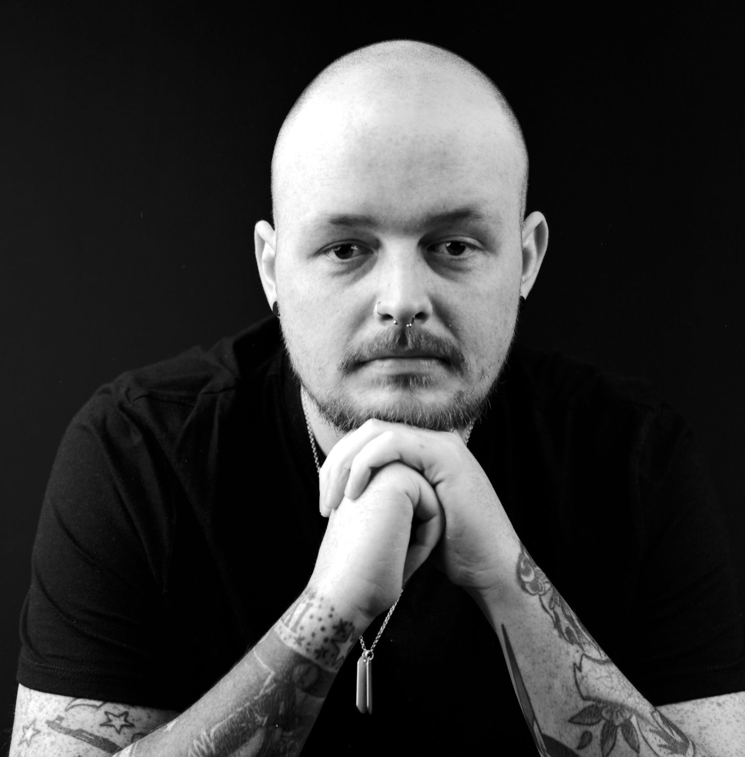 Black and white head portrait photograph captured in the studio
