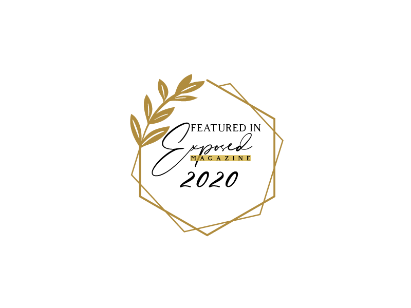 Featured in Exposed Magazine 2020 award badge with gold geometric frame and laurel branch decoration.