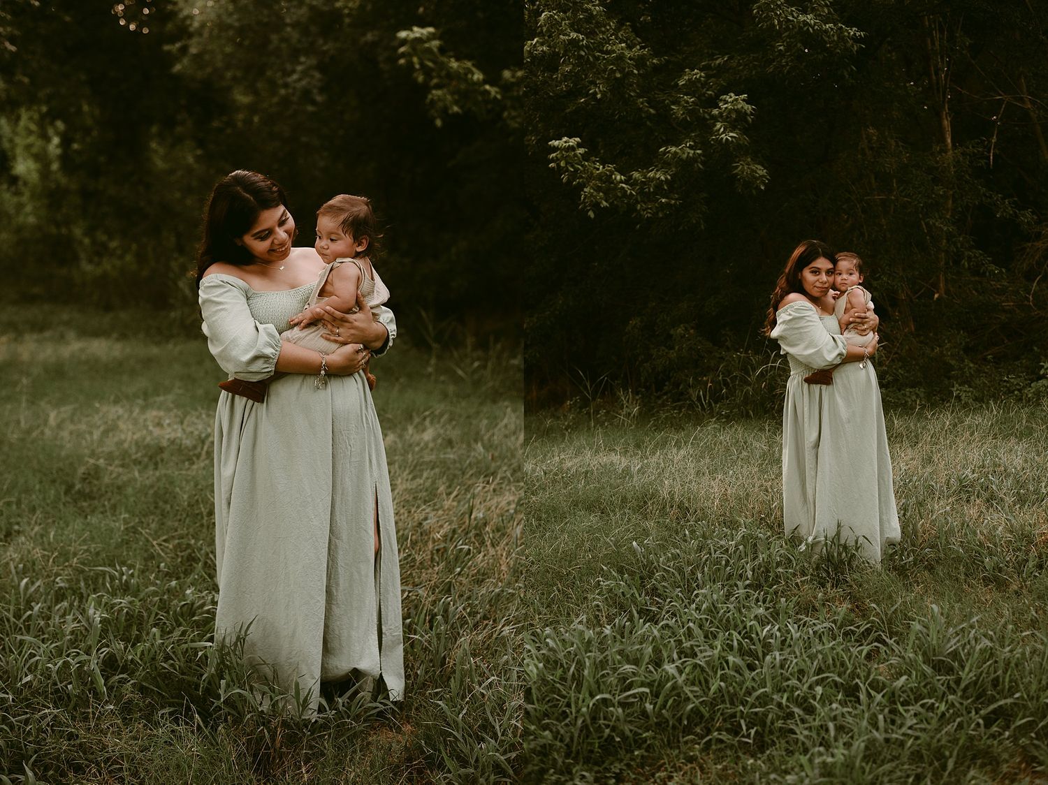 Side-by-side images of a parent in a light dress embracing a small child in a natural outdoor setting.