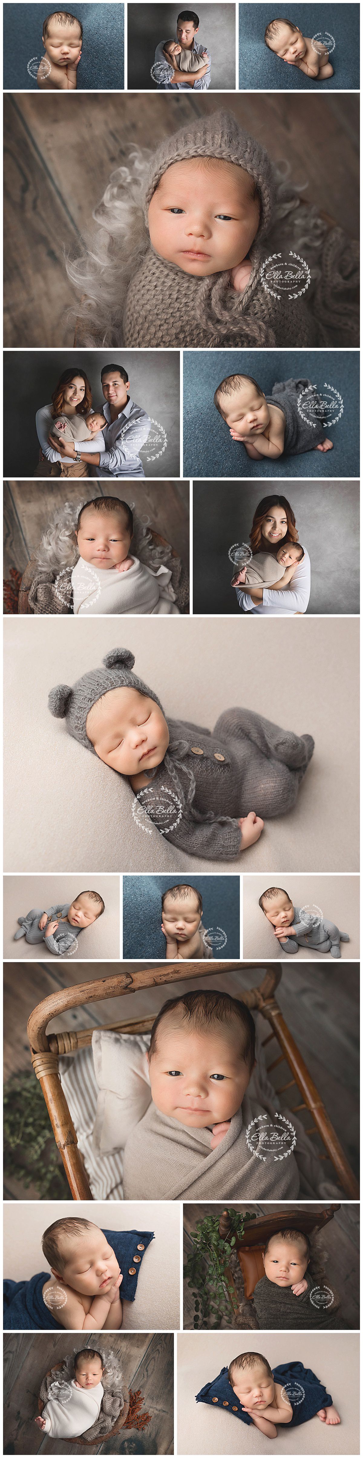 Professional newborn photography session with gray and navy tones and cozy knit accessories.