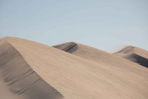 Smooth rippled sand dunes stretching to horizon under pale blue sky.
