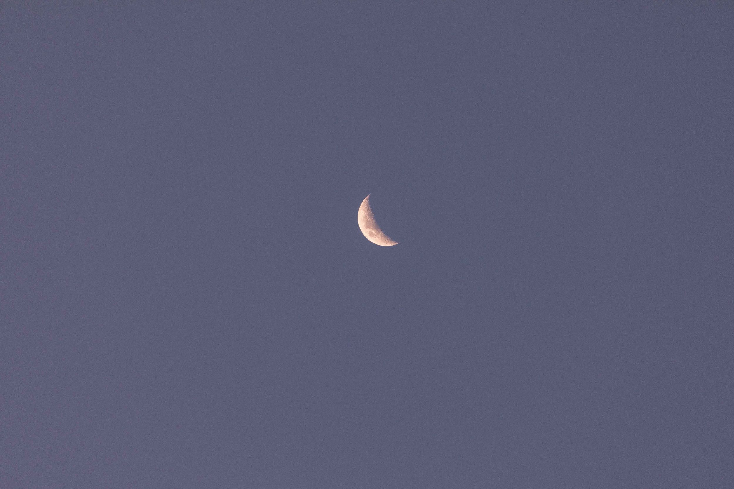 Crescent moon visible in purple twilight sky.