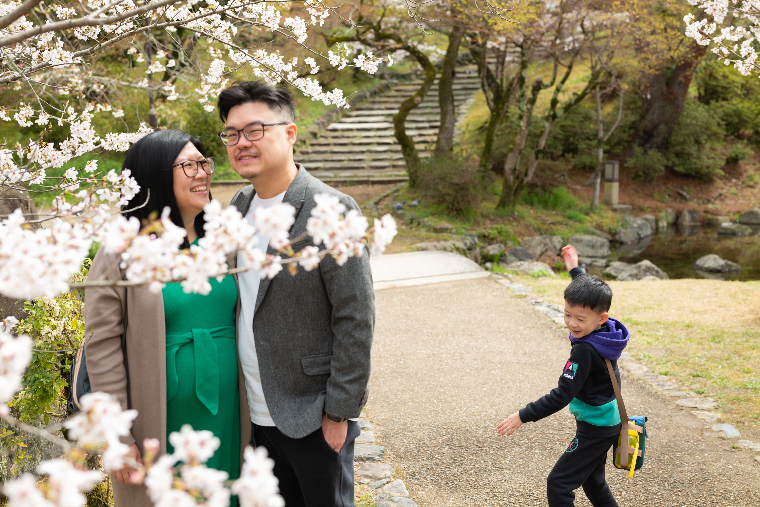Family with child strolling along a cherry blossom lined path in Japan.