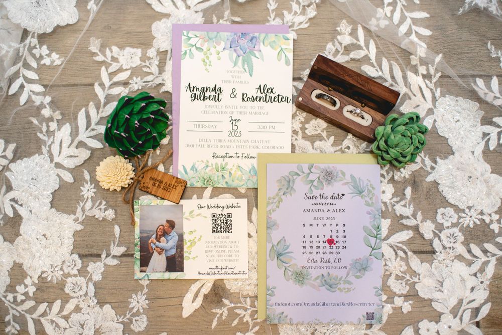 Wedding invitation laid out with brides accessories