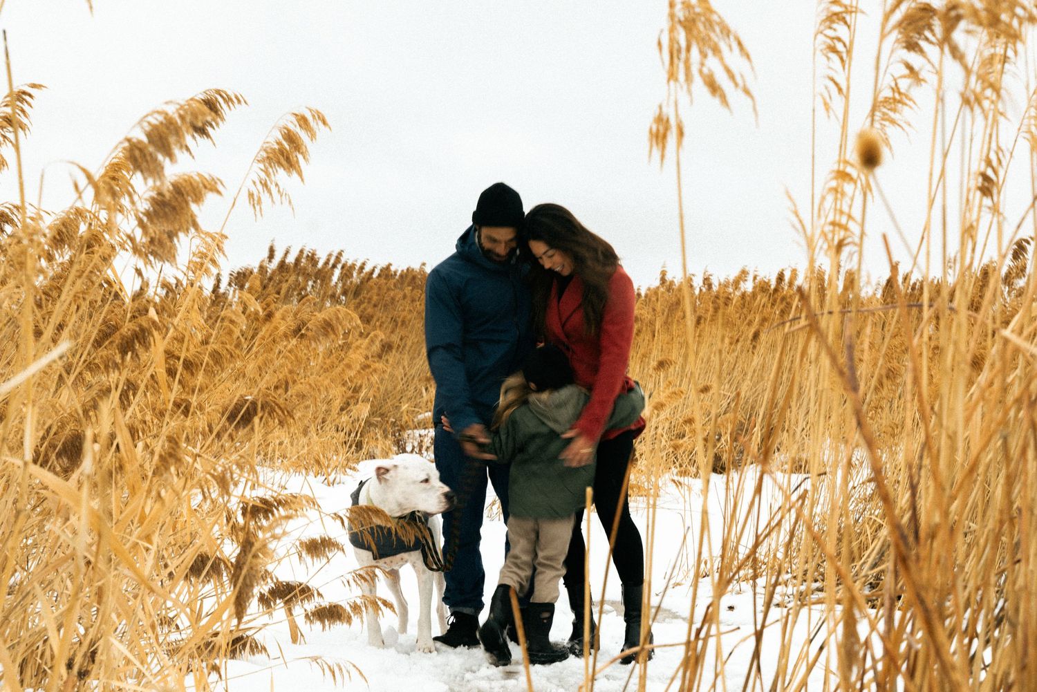 A couple embraces while walking through snowy wheat fields on a winter day.