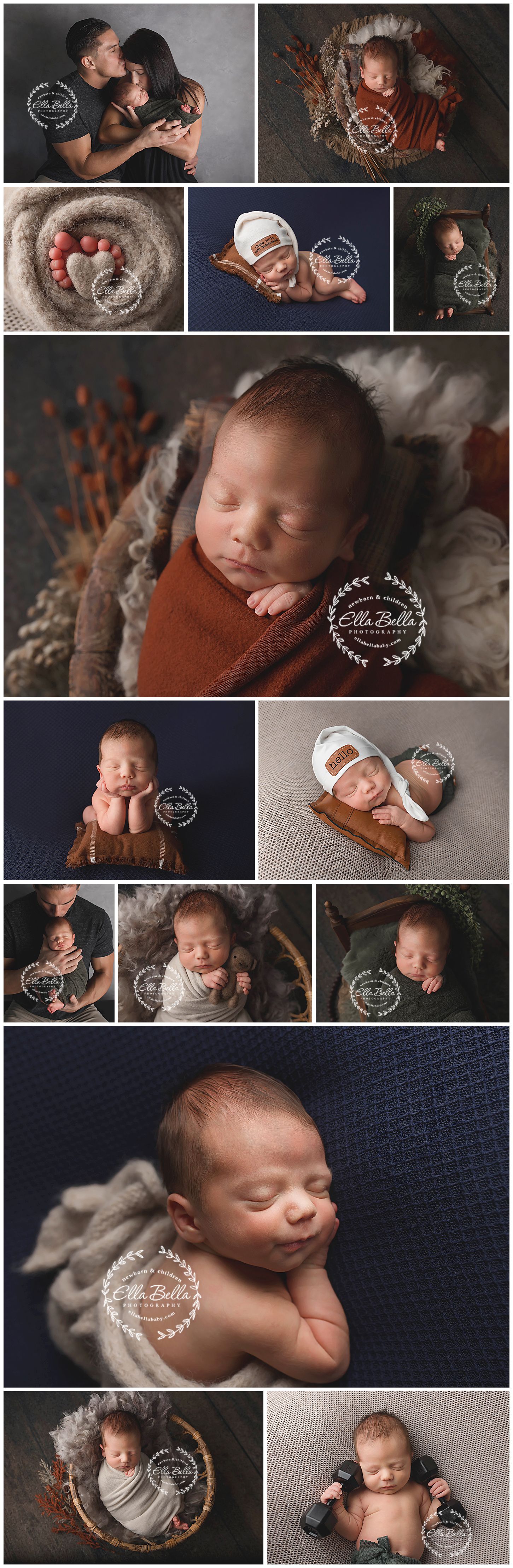 Professional newborn photography session with earth tones and baseball-themed props.