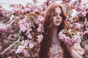 a red haired model looking at camera in a beautiful pink blossom tree.