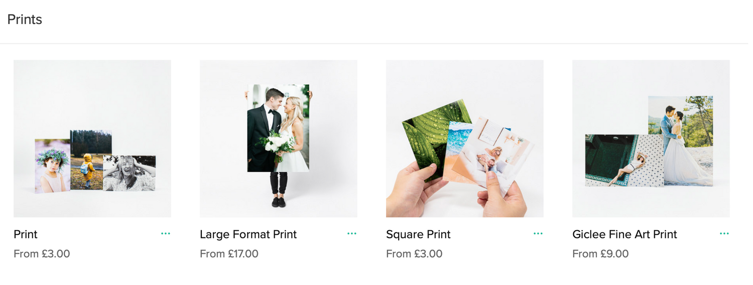 Collection of wedding photo print products and packaging options.