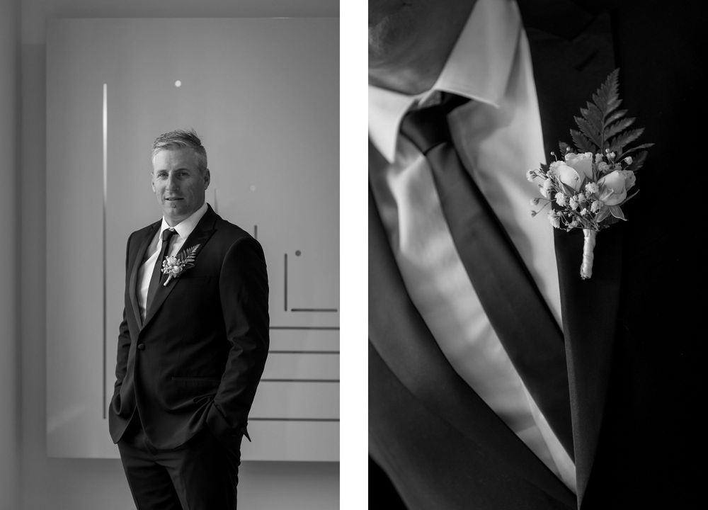 The Groom in his Black wedding suit with button hole flower at Lancemore Milawa before the wedding ceremony