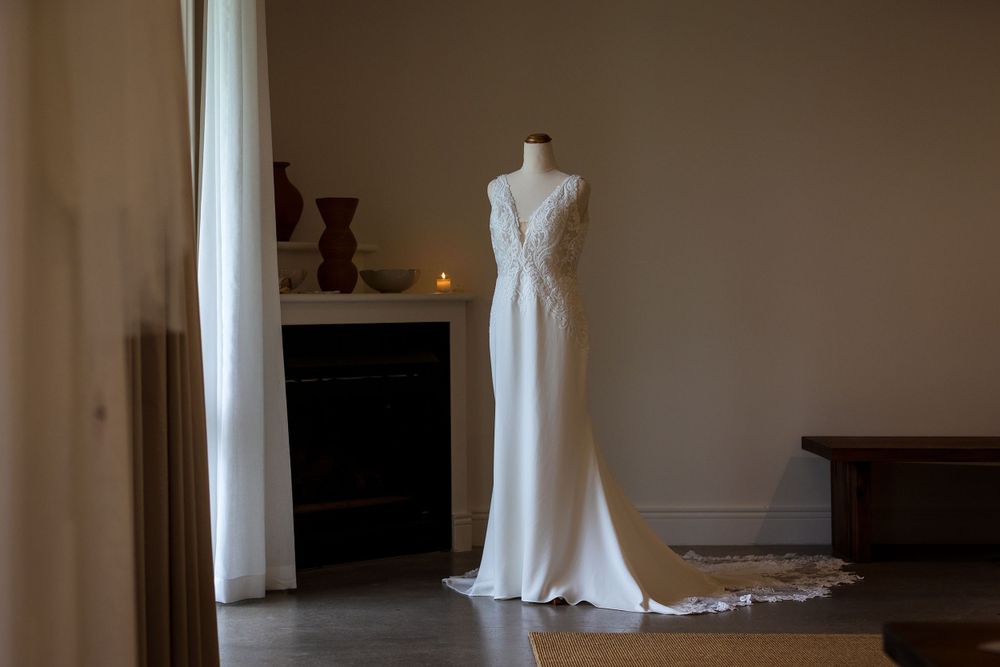 The Brides Wedding dress on a mannequin at Lancemore Milawa captured by Jason from Jason Robins Photography