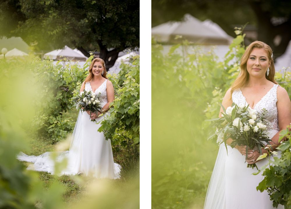 Bride in her wedding dress before her ceremony surrounded by grape vines, captured by Jason Robins Photography.